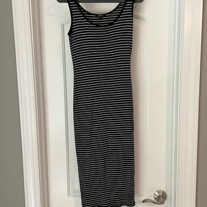 Casual, black and white striped midi tank dress